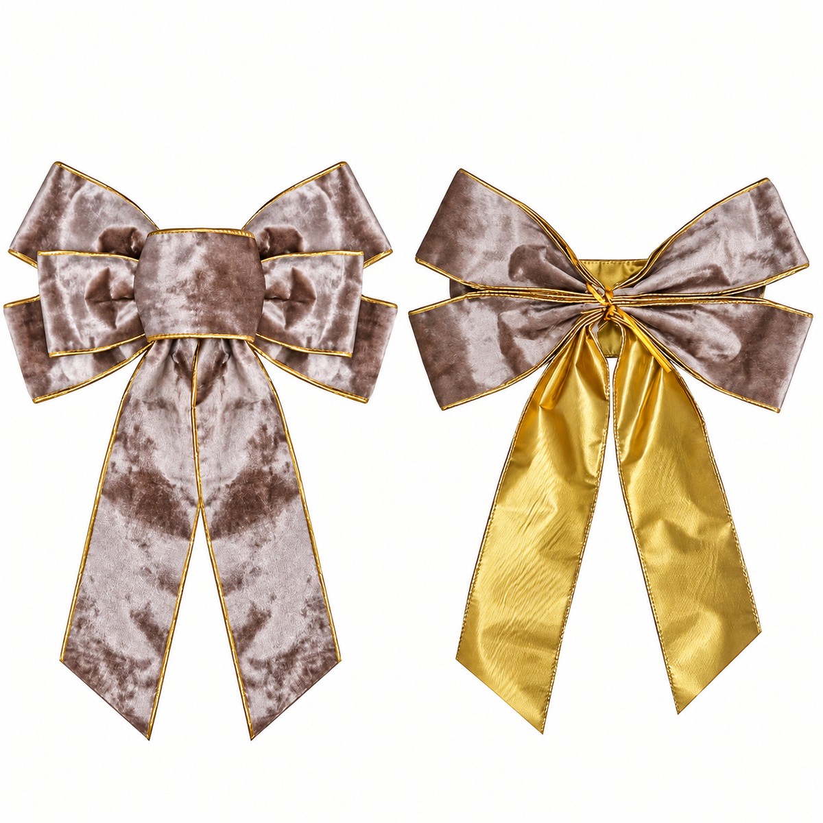 Flocked Christmas Bow — front and reverse of the champagne bow