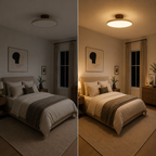 Round flush mount ceiling light shown switched off and on in the same bedroom.