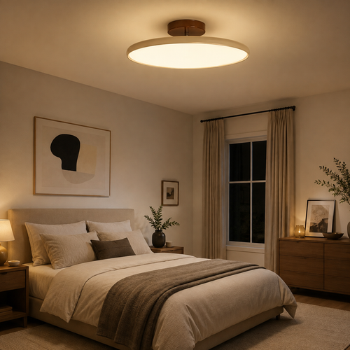 Round flush mount ceiling light casting warm light above a bed in a softly lit bedroom.