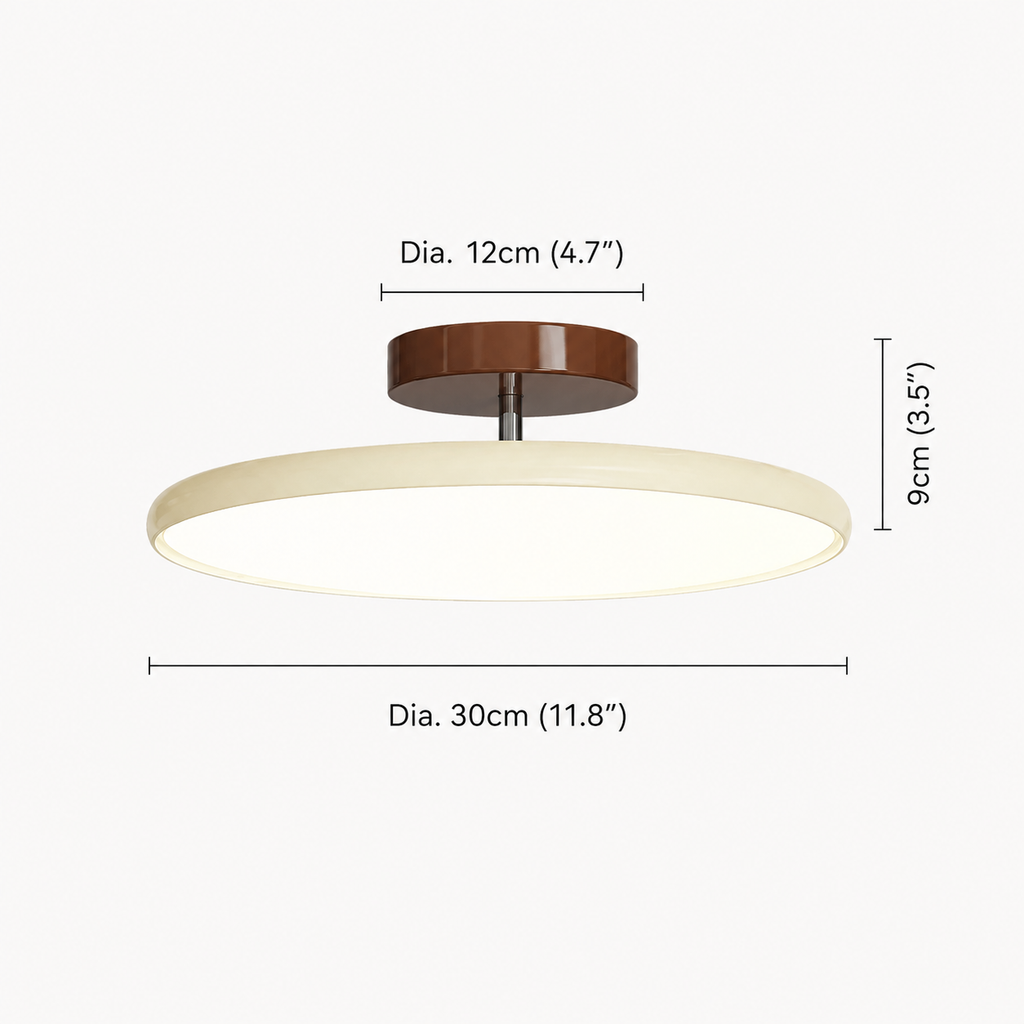 Round flush mount ceiling light shown with labeled height and diameter measurements.