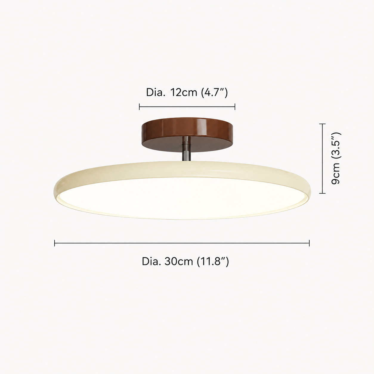 Round flush mount ceiling light shown with labeled height and diameter measurements.