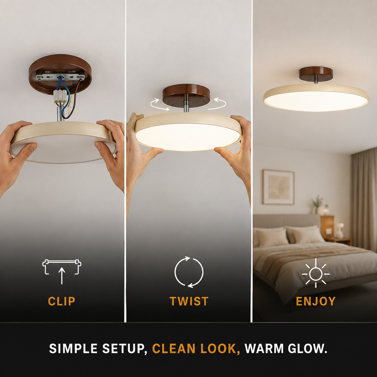 Round flush mount ceiling light shown through mounting, hanging, and illuminated use.