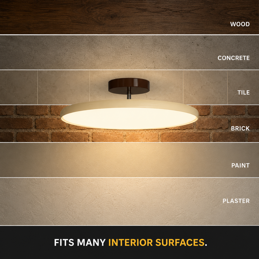 Round flush mount ceiling light displayed against several interior ceiling finishes.