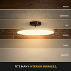 Round flush mount ceiling light displayed against several interior ceiling finishes.