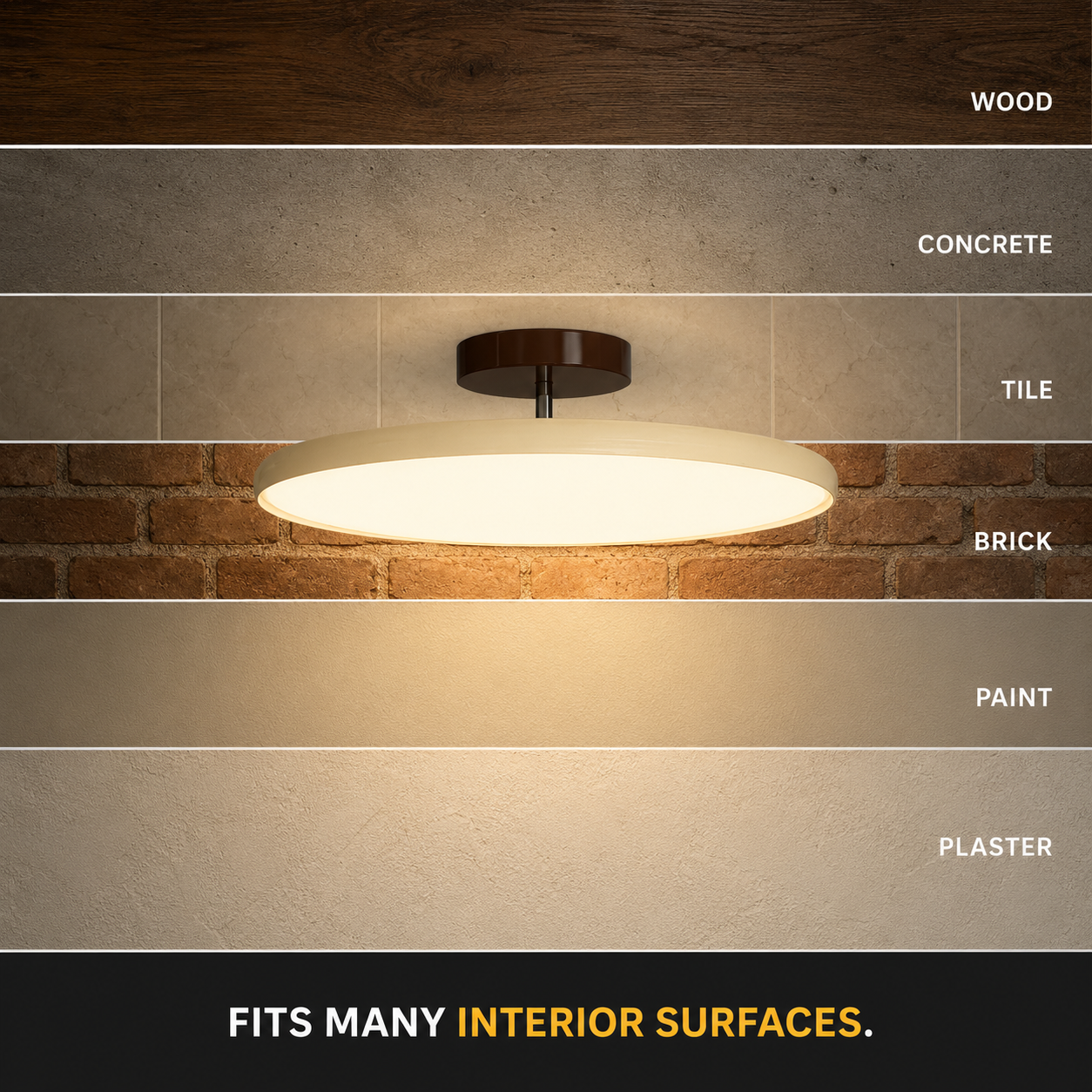 Round flush mount ceiling light displayed against several interior ceiling finishes.