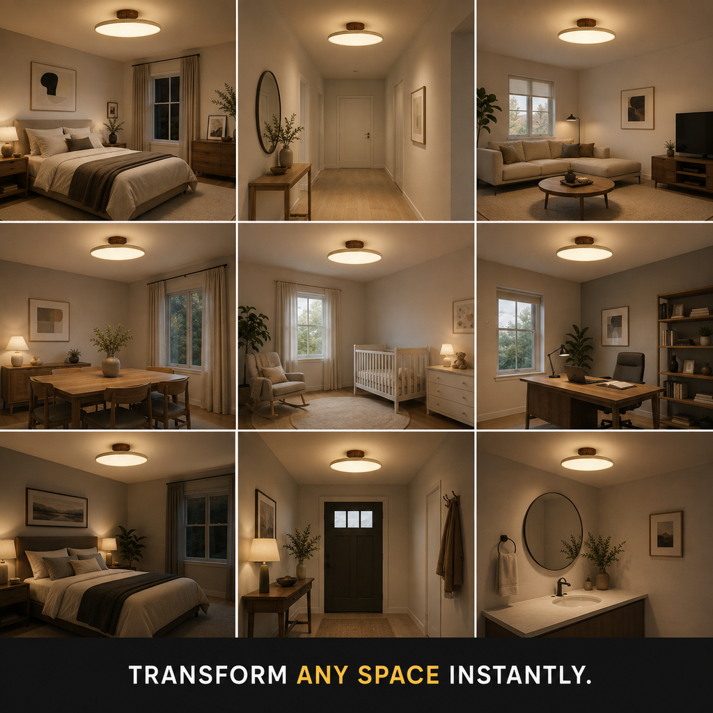 Round flush mount ceiling light shown illuminating bedrooms, dining areas, and living spaces.