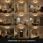 Round flush mount ceiling light shown illuminating bedrooms, dining areas, and living spaces.