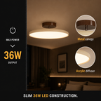 Round flush mount ceiling light with 36W marking and close-up views of its slim frame.