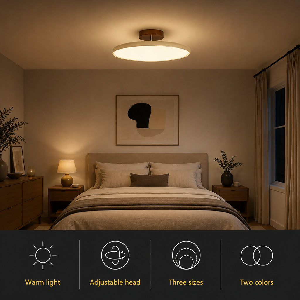 Round flush mount ceiling light glowing above a bed with feature icons below.