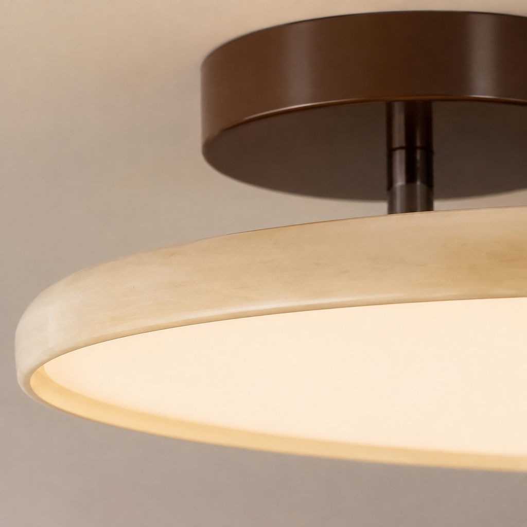 Round flush mount ceiling light close-up showing the brown canopy and illuminated acrylic ring.