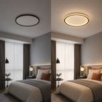 Circular flush mount ceiling light shown switched off and on in two modern bedrooms.