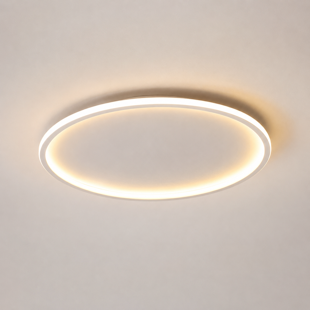 Circular flush mount ceiling light shown close up with a soft warm halo around the outer ring.