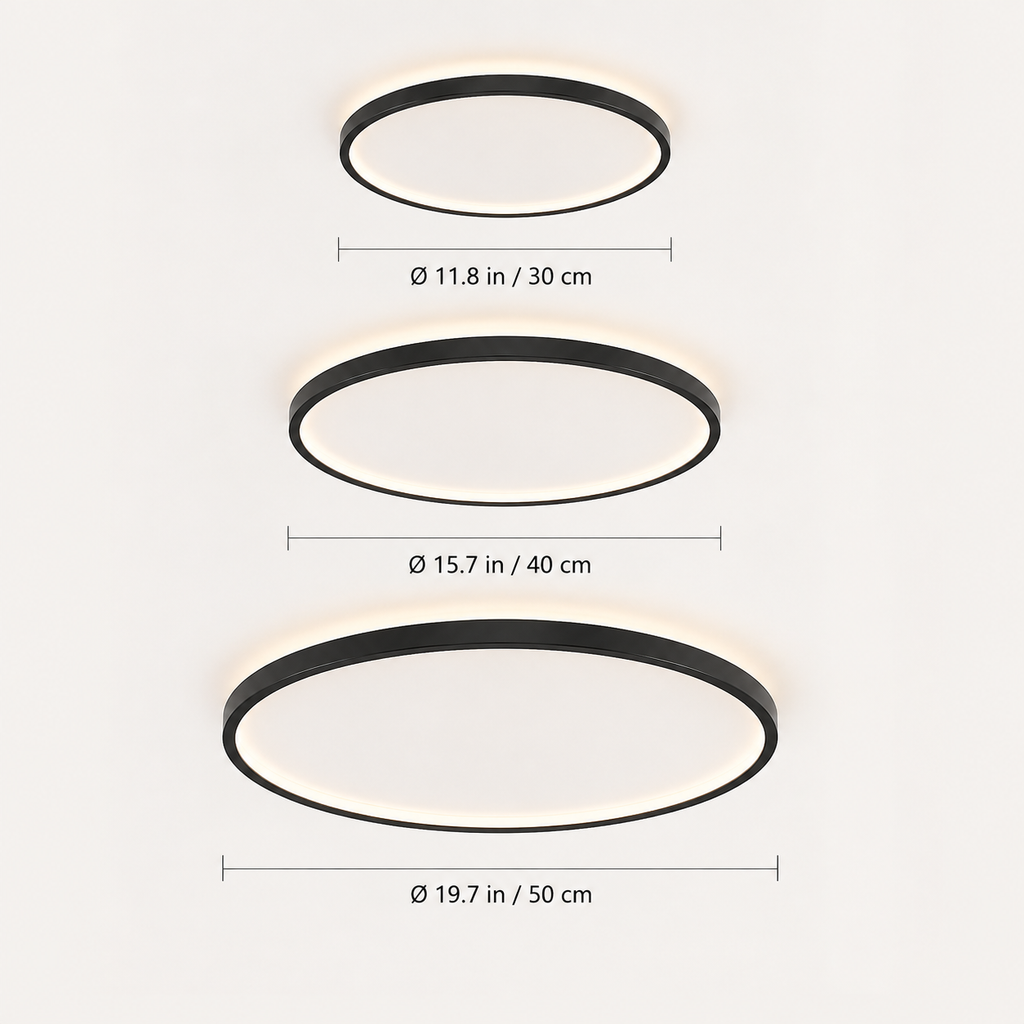 Circular flush mount ceiling light displayed in three sizes with dimension labels.
