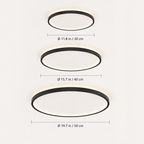 Circular flush mount ceiling light displayed in three sizes with dimension labels.