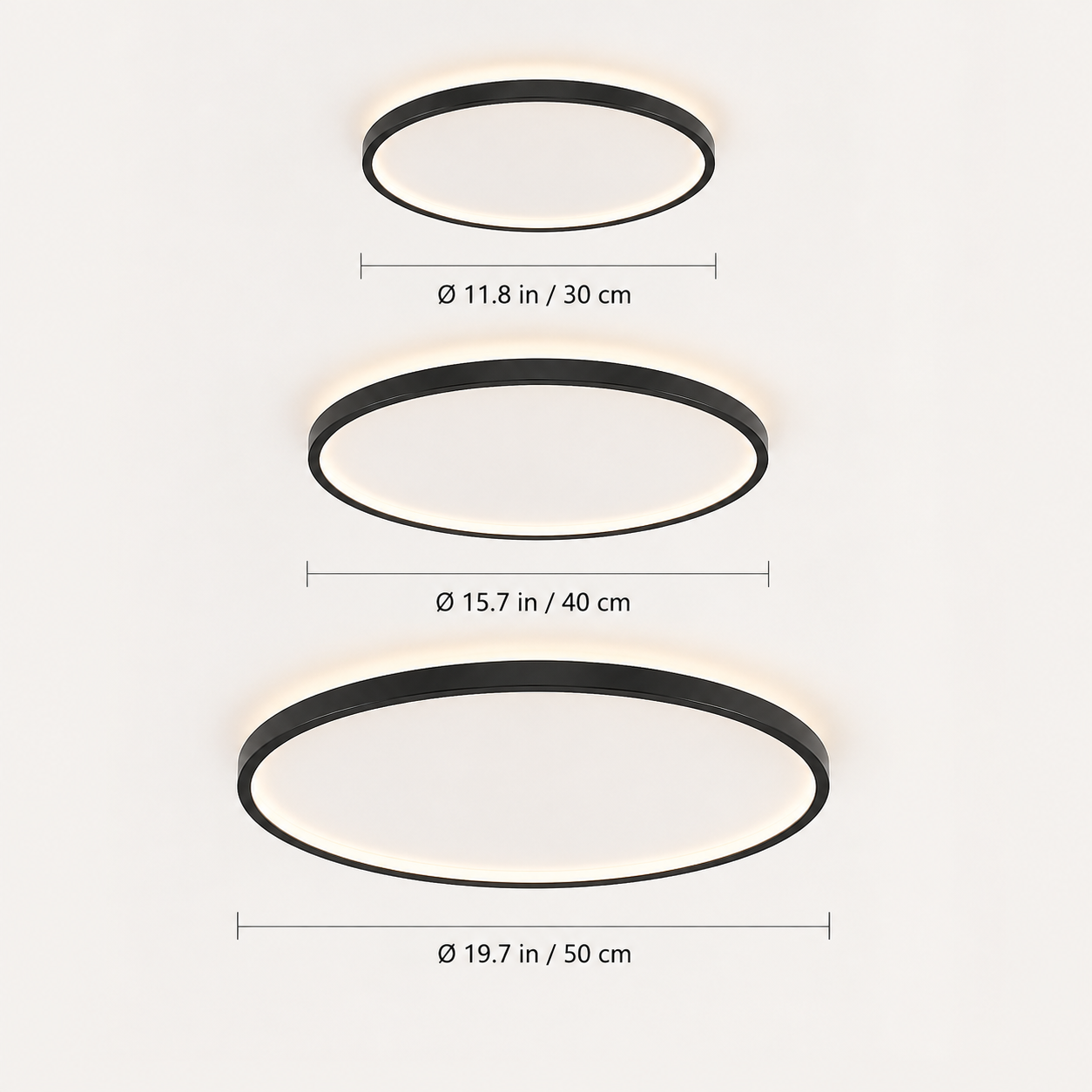 Circular flush mount ceiling light displayed in three sizes with dimension labels.