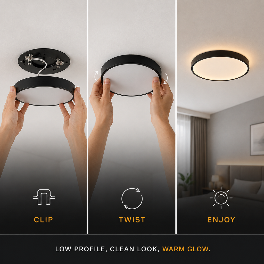 Circular flush mount ceiling light shown during mounting, adjustment, and illuminated use.