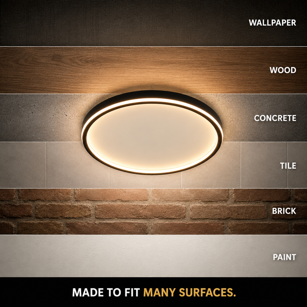Circular flush mount ceiling light displayed against wood, stone, fabric, and other ceiling finishes.