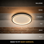 Circular flush mount ceiling light displayed against wood, stone, fabric, and other ceiling finishes.