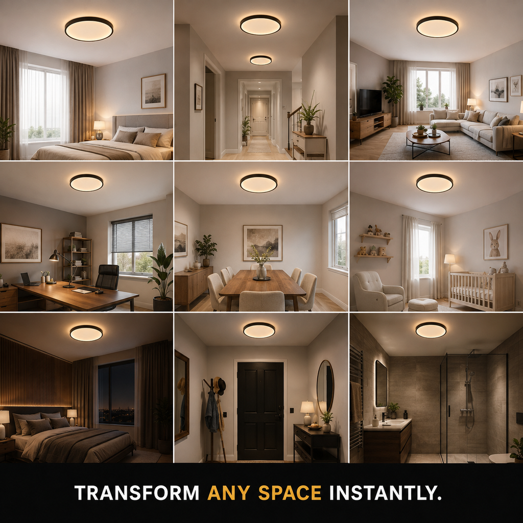 Circular flush mount ceiling light shown across multiple rooms and interior settings.