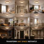 Circular flush mount ceiling light shown across multiple rooms and interior settings.