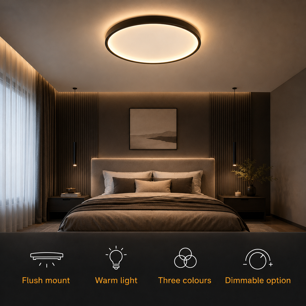 Circular flush mount ceiling light illuminating a dark bedroom with feature icons below.