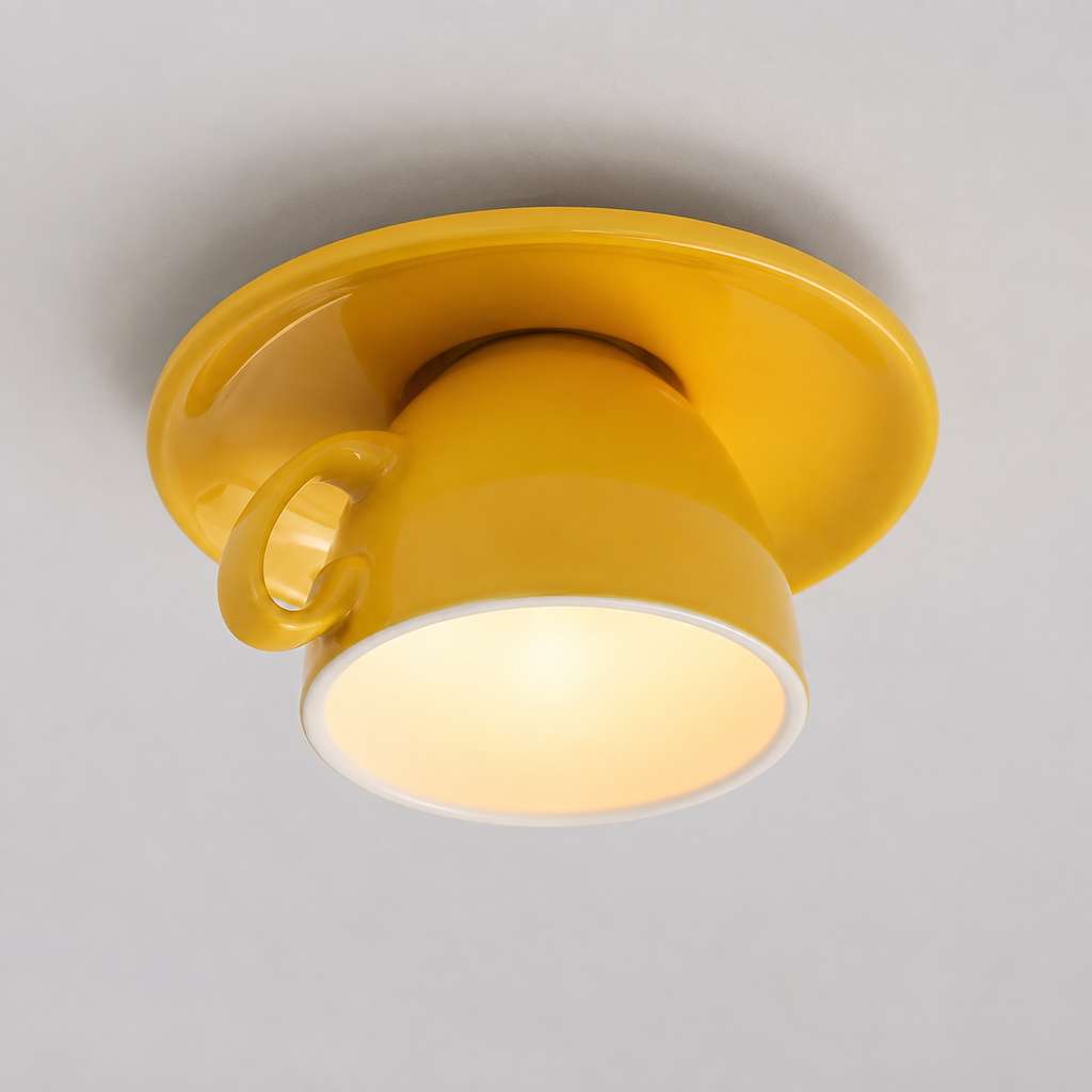 Yellow flush mount ceiling light with a glossy cup-shaped body and round glowing diffuser on a light ceiling.