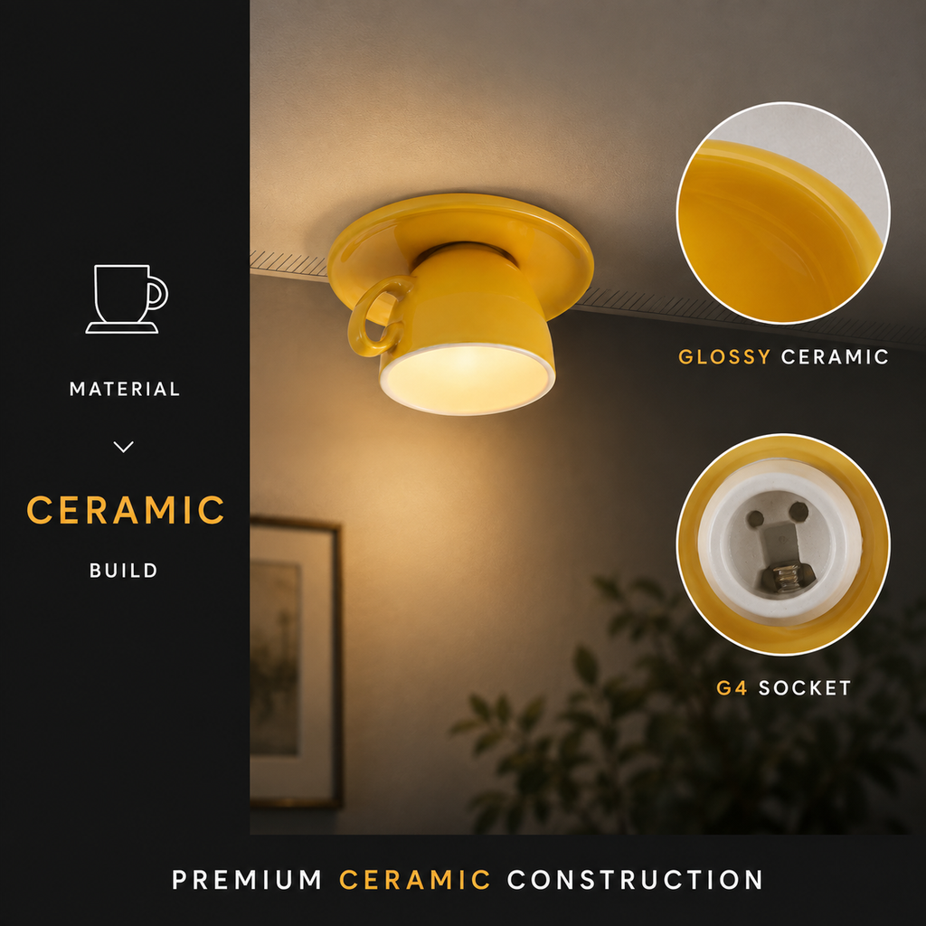 Flush mount ceiling light material graphic showing the yellow ceramic fixture and close-up construction details.