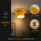 Flush mount ceiling light material graphic showing the yellow ceramic fixture and close-up construction details.