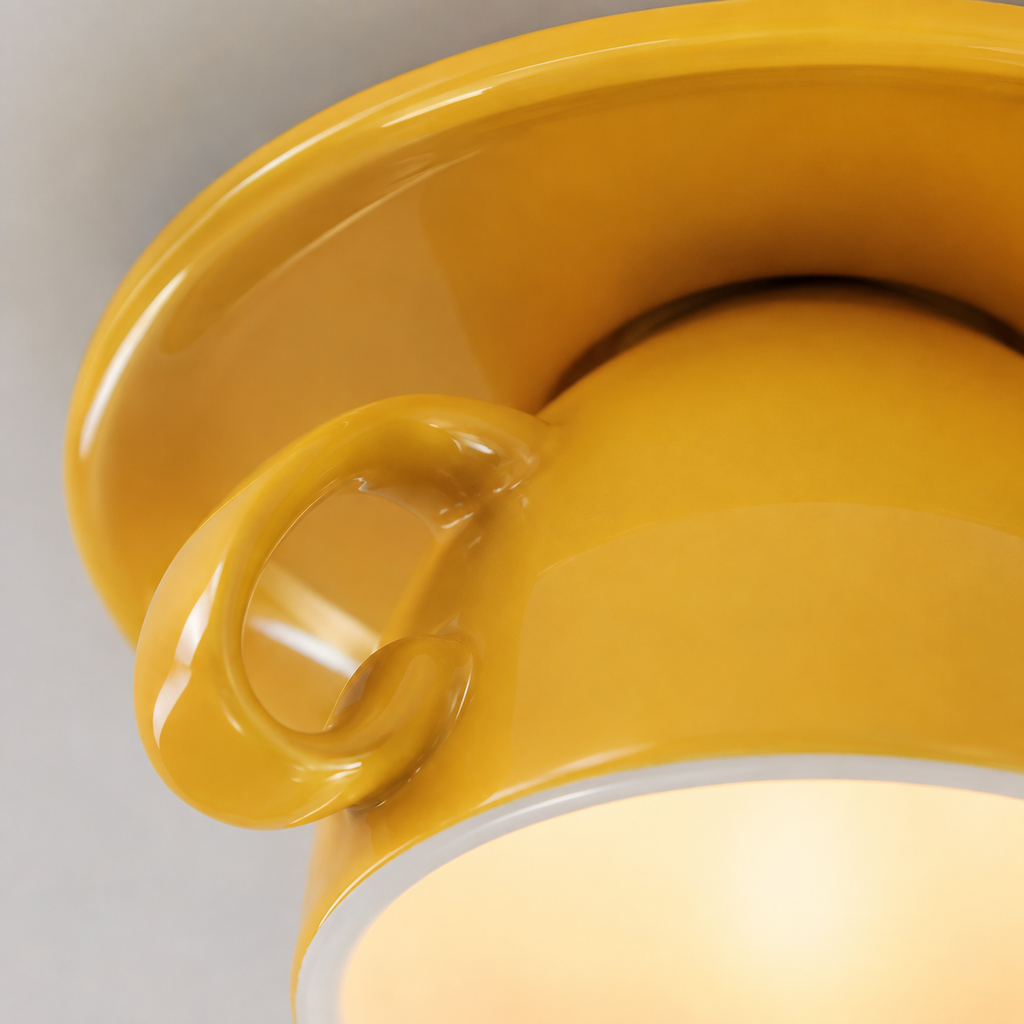 Close-up of a yellow flush mount ceiling light showing the glossy cup-shaped body, handle, and glowing diffuser.