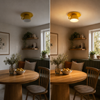 Yellow flush mount ceiling light shown installed in two warm dining room scenes with the light turned on.