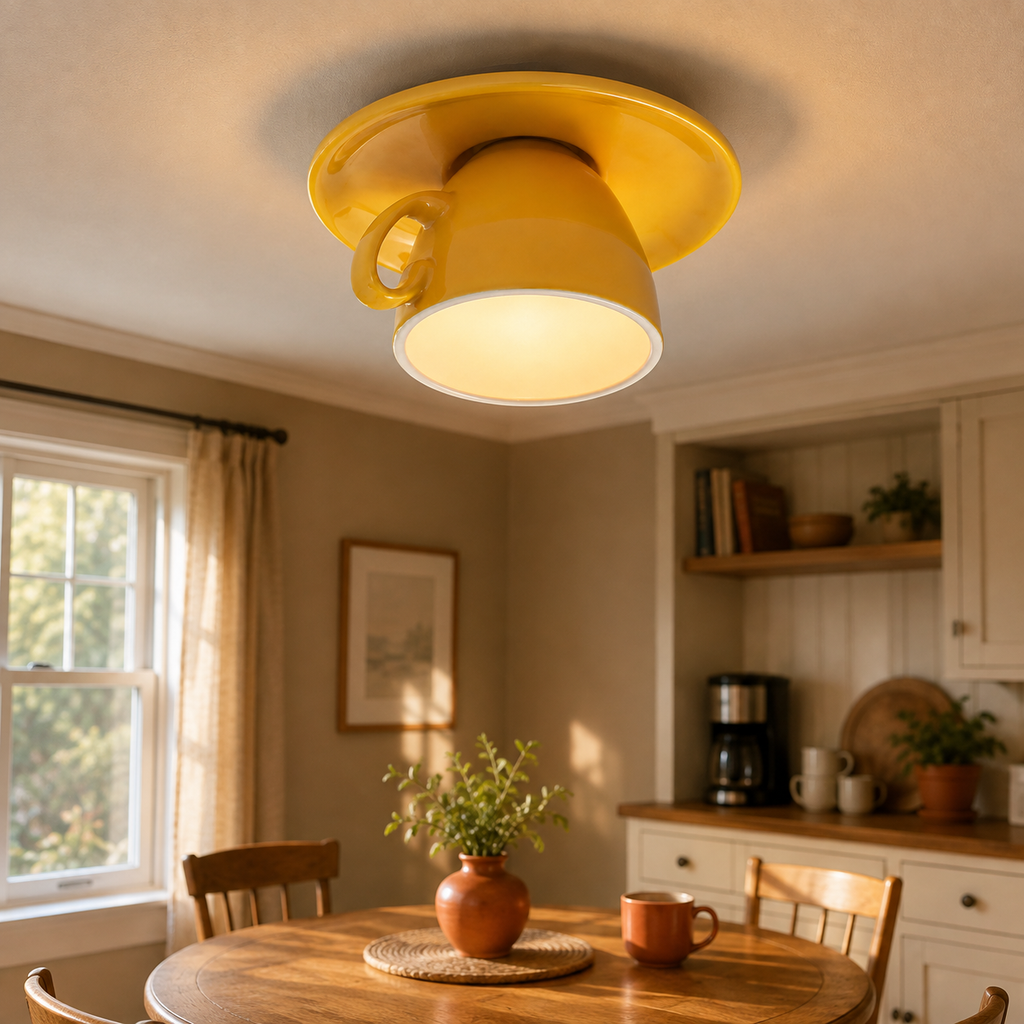 Yellow flush mount ceiling light glowing above a dining table in a warm kitchen and dining area.