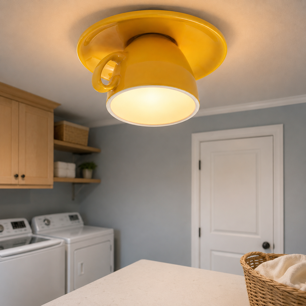 Yellow flush mount ceiling light glowing above a laundry room with cabinets, washer, dryer, and counter.