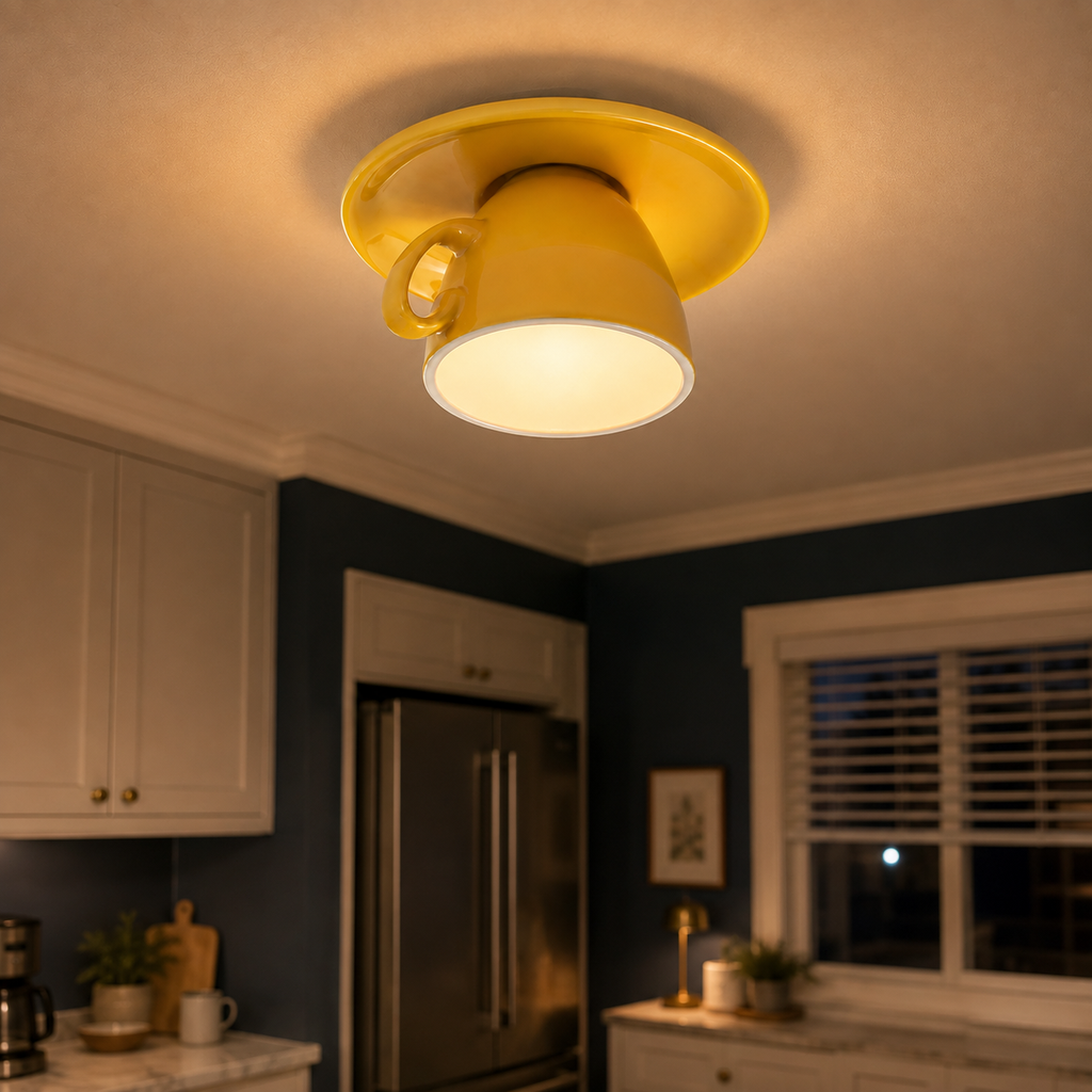 Yellow flush mount ceiling light glowing in a dim room with dark cabinetry and window blinds.
