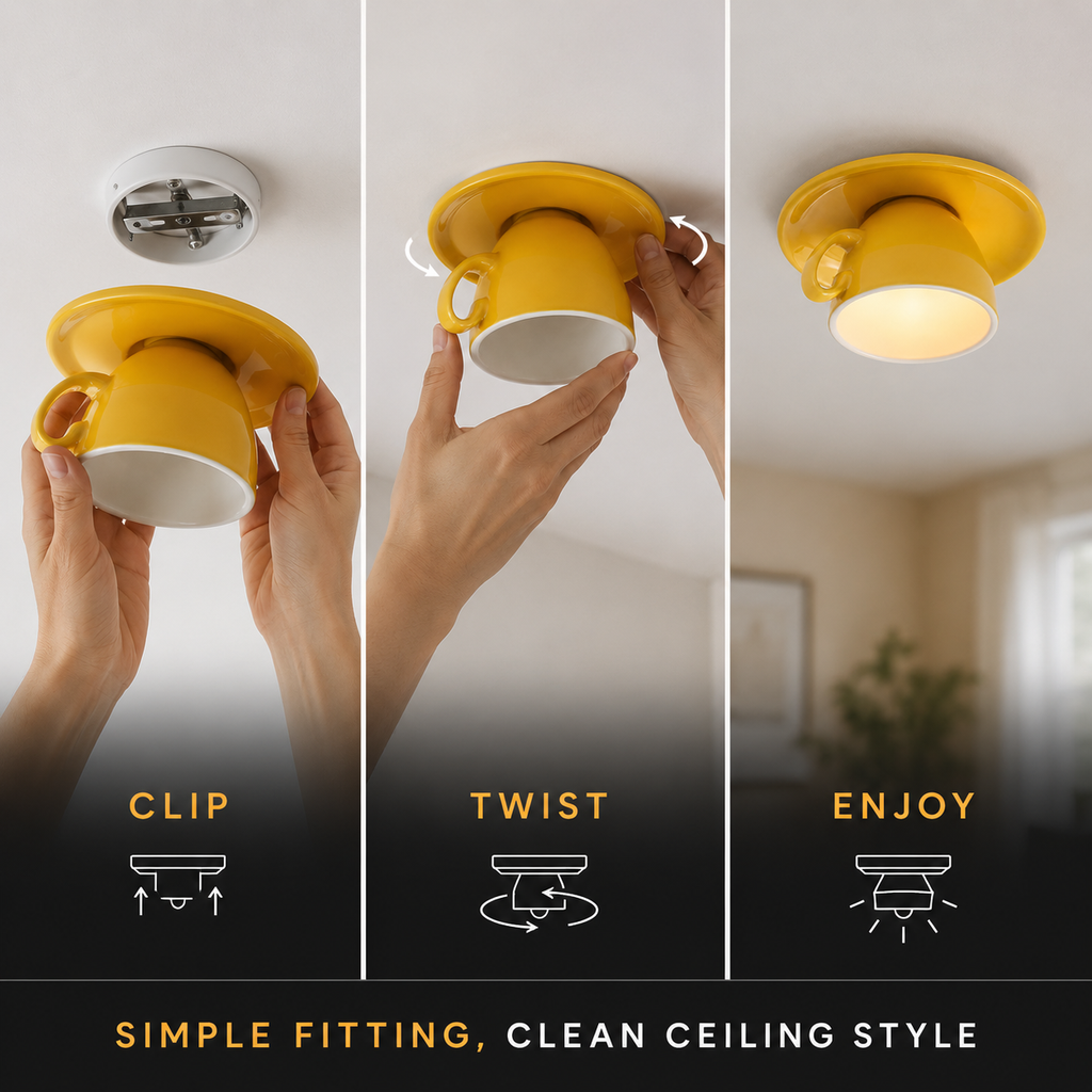 Flush mount ceiling light shown in three panels illustrating clip, twist, and installed positions.
