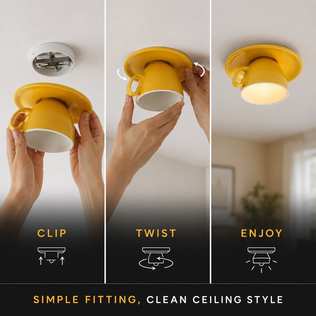 Flush mount ceiling light shown in three panels illustrating clip, twist, and installed positions.