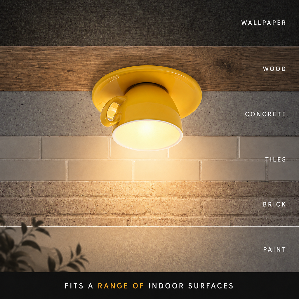 Yellow flush mount ceiling light glowing against a dark wall beside a vertical list of interior styles.