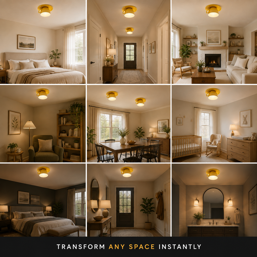 Flush mount ceiling light shown glowing in a grid of nine different indoor room settings.