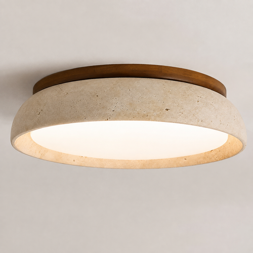 Close-up of a round flush mount ceiling light with a wood rim, textured beige shade, and warm glowing diffuser.