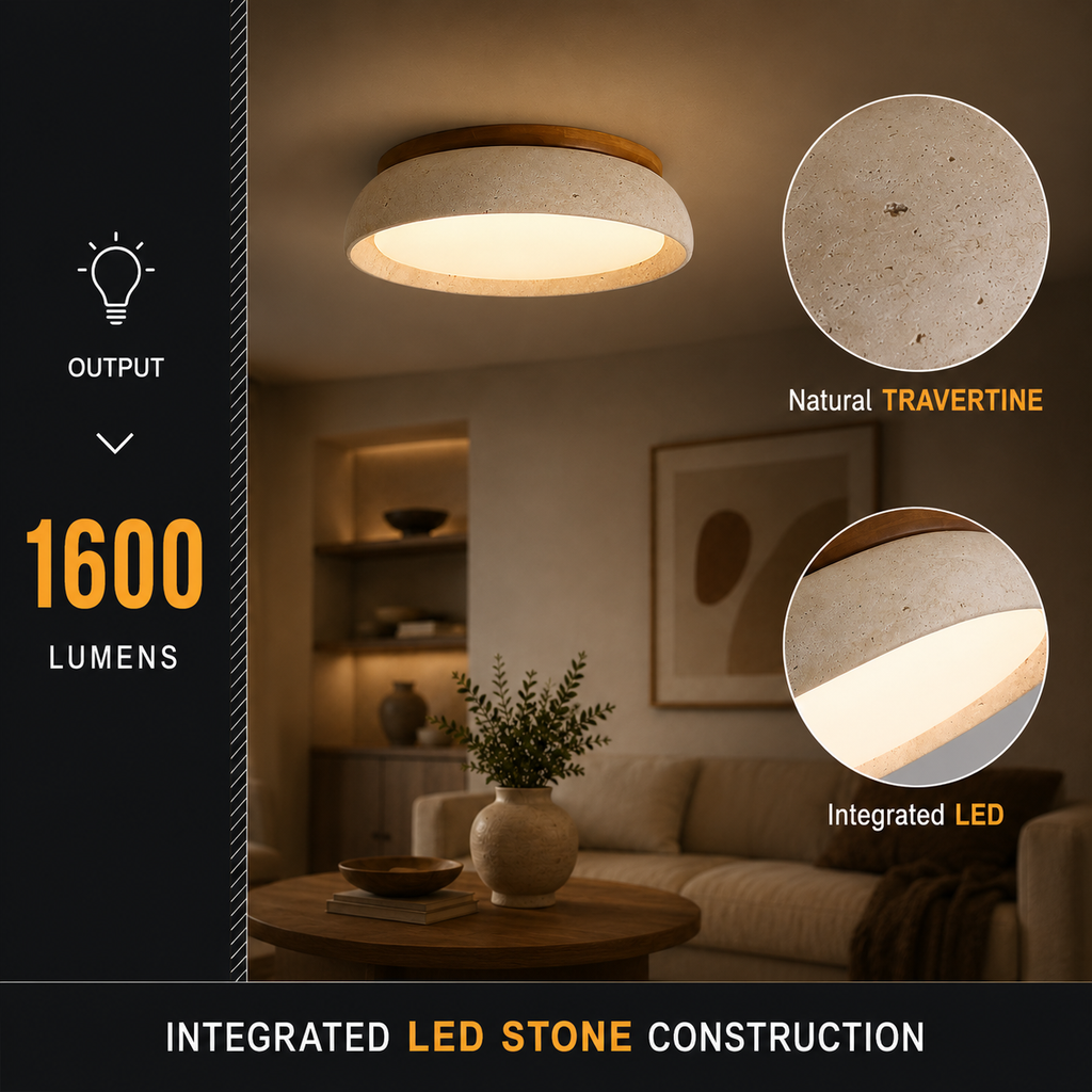 Flush mount ceiling light feature graphic with a room scene, material close-ups, and construction details.