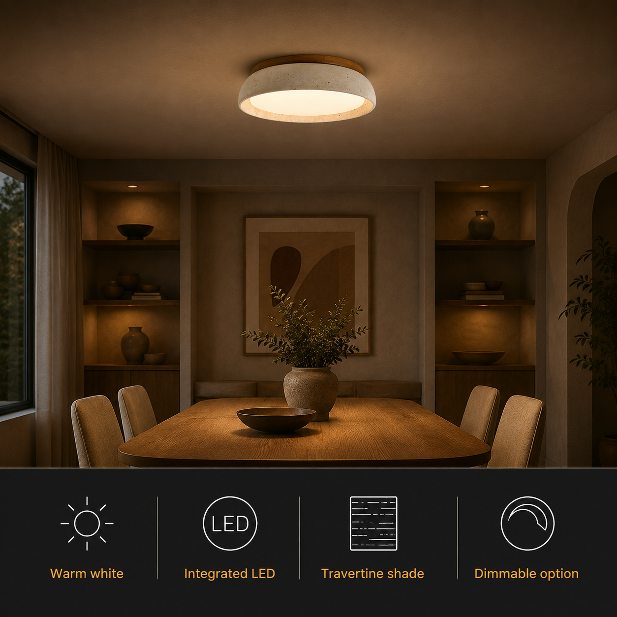 Flush mount ceiling light glowing in a warm living room beside icons describing its lighting features.