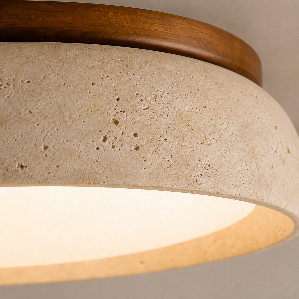 Macro view of the flush mount ceiling light showing the wood rim, textured beige body, and glowing diffuser.