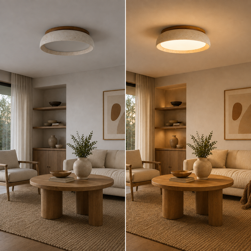 Flush mount ceiling light shown in the same living room switched off on the left and illuminated on the right.