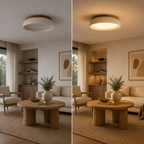 Flush mount ceiling light shown in the same living room switched off on the left and illuminated on the right.