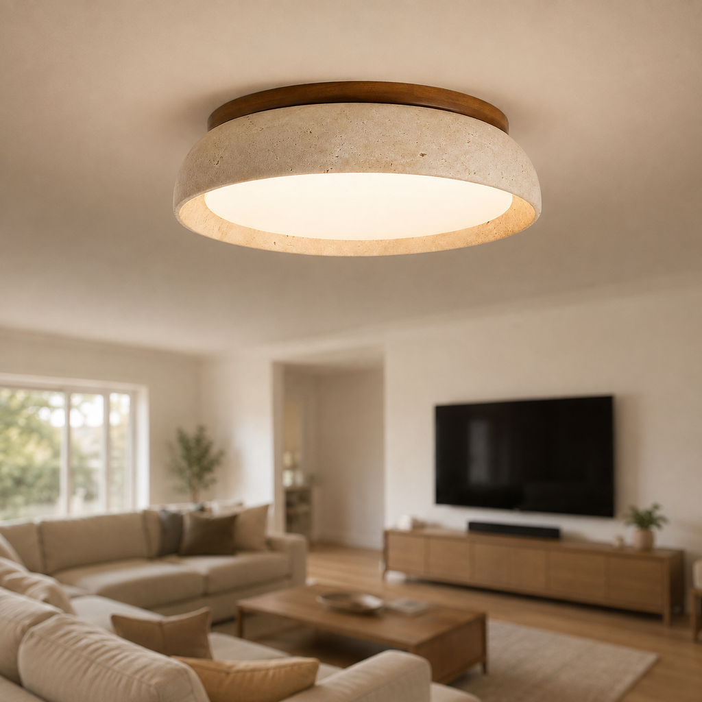 Round flush mount ceiling light glowing above a neutral living room with sofas, windows, and a wall-mounted TV.