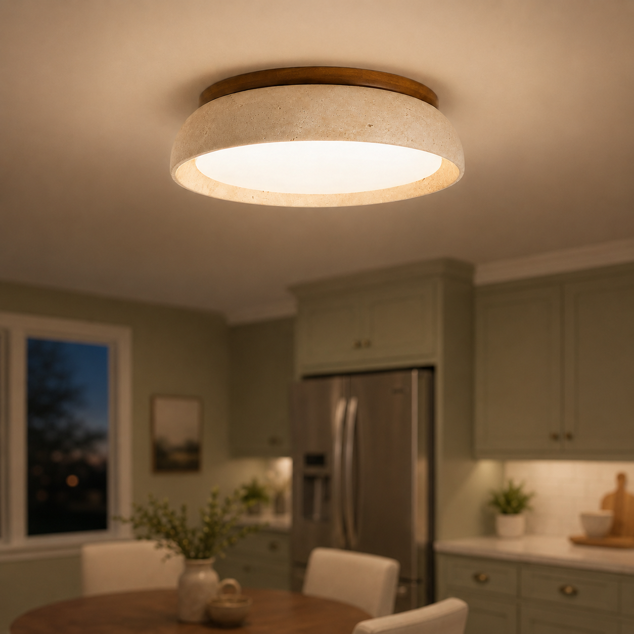 Round flush mount ceiling light glowing above a modern kitchen with cabinets, an island, and warm ambient lighting.
