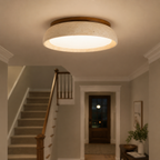 Round flush mount ceiling light installed above a stairway and front entry with white walls and dark railings.