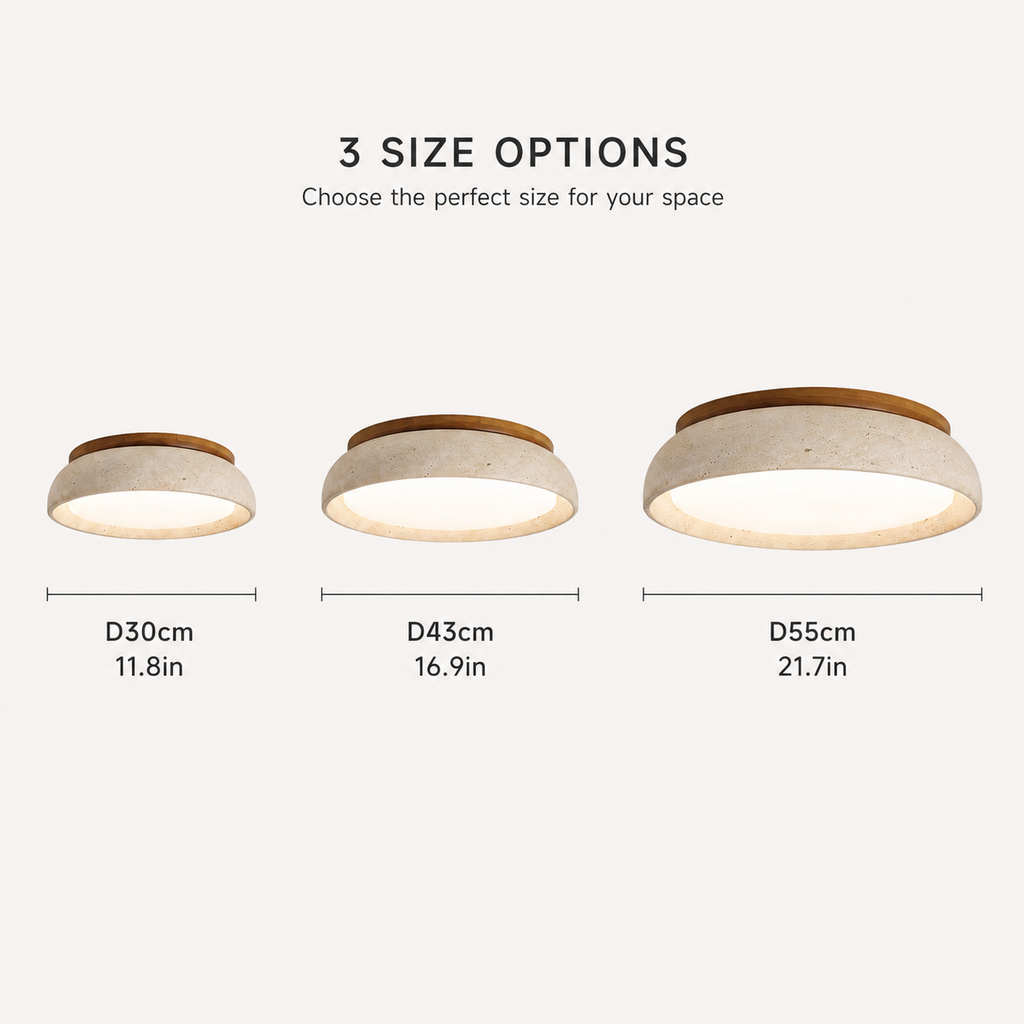 Flush mount ceiling light size guide showing three round fixture options with different widths and heights.