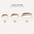 Flush mount ceiling light size guide showing three round fixture options with different widths and heights.