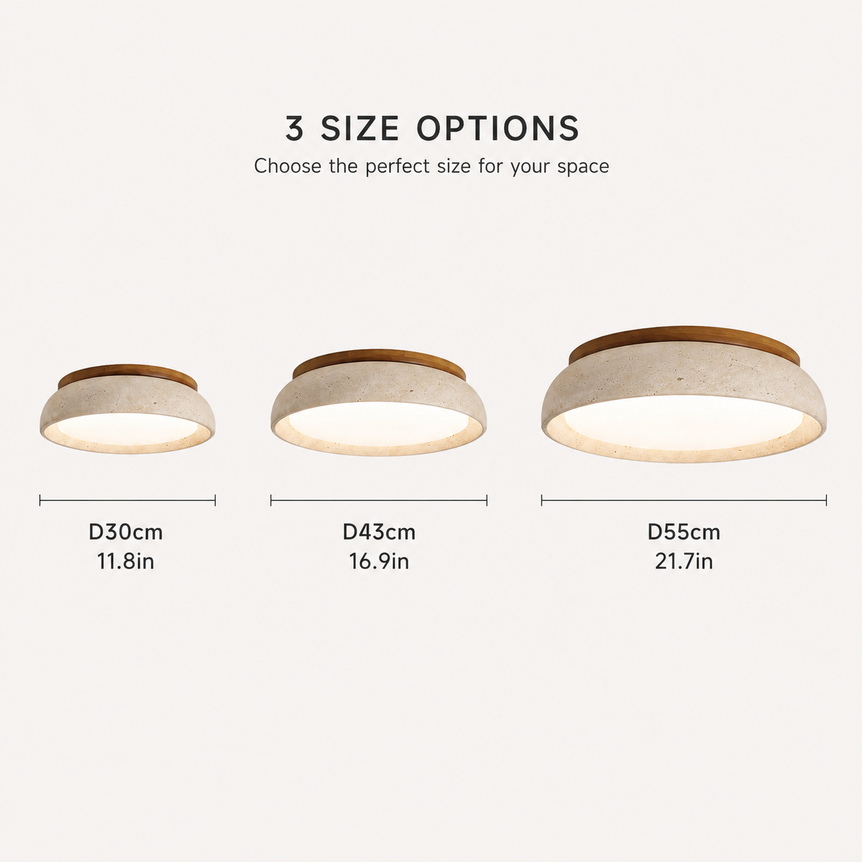 Flush mount ceiling light size guide showing three round fixture options with different widths and heights.