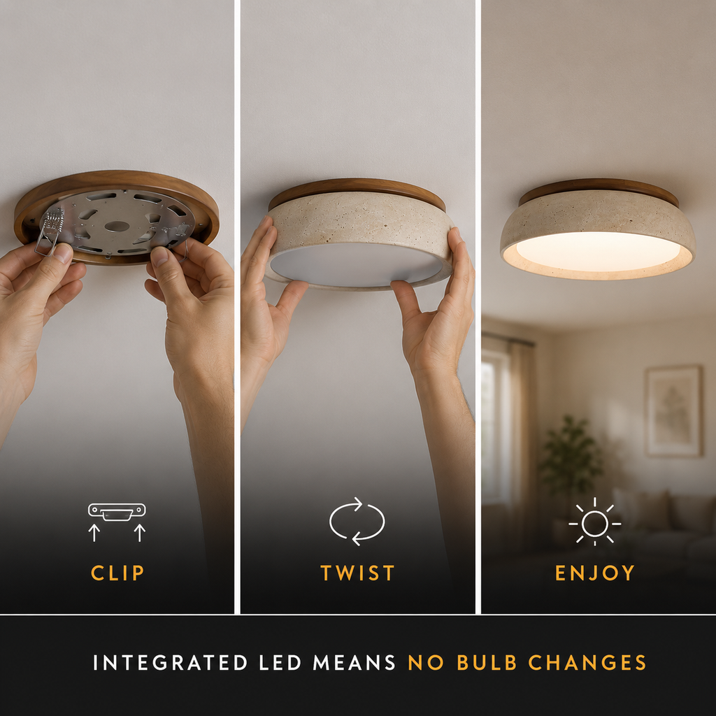 Flush mount ceiling light installation graphic showing the fixture being clipped, twisted, and switched on.